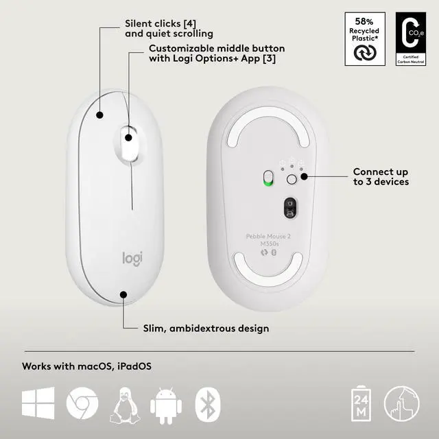 Alt view image 7 of 11 - Logitech Pebble 2 Combo for Mac, Wireless Keyboard and Mouse, Slim, Quiet and Portable, Customizable, Bluetooth Mouse and Keyboard, Easy-Switch, for macOS, iPadOS - Tonal White