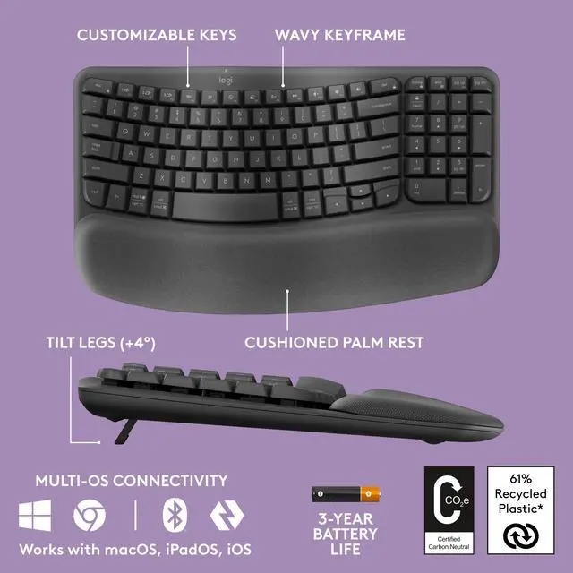 Alt view image 6 of 10 - Logitech Wave Keys MK670 Combo, Wireless Ergonomic Keyboard with Signature M550 L Wireless Mouse, Comfortable Natural Typing, Bluetooth, Logi Bolt, for Multi-OS, Windows/Mac
