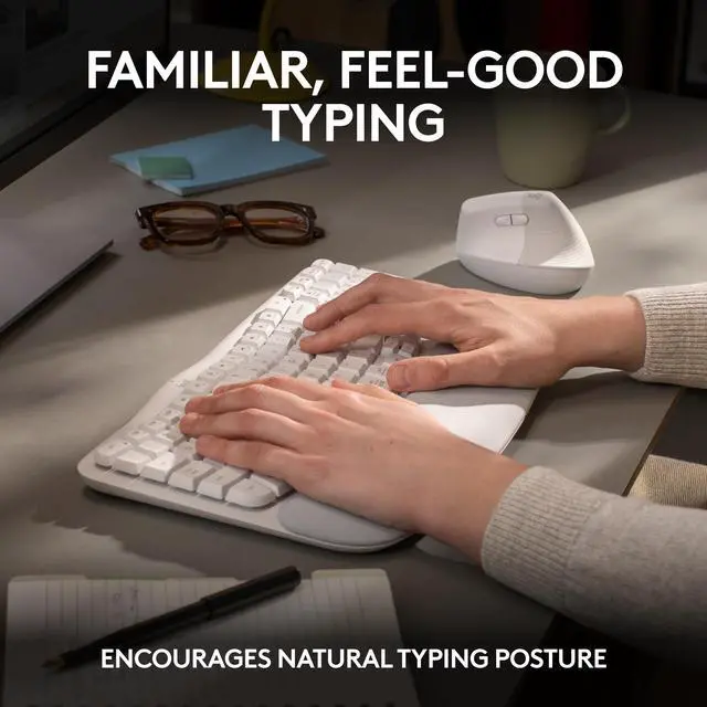 Alt view image 3 of 10 - Logitech Wave Keys Wireless Ergonomic Keyboard with Cushioned Palm Rest, Comfortable Natural Typing, Easy-Switch, Bluetooth, Logi Bolt Receiver, for Multi-OS, Windows/Mac - Off White
