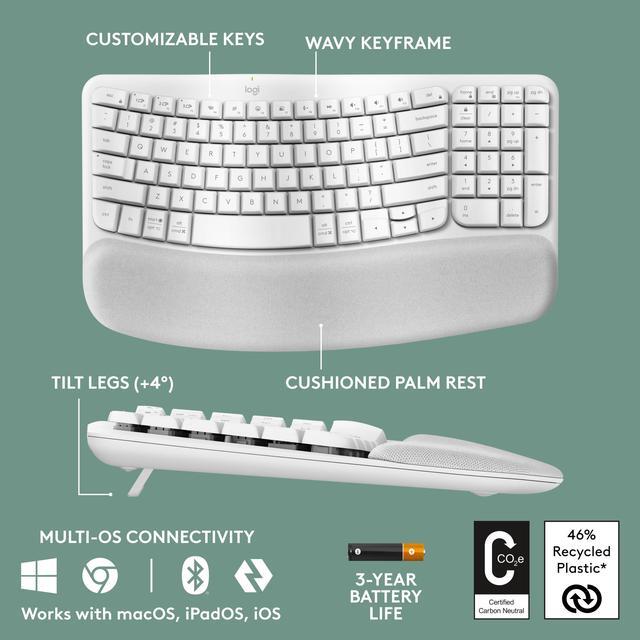 Alt view image 6 of 10 - Logitech Wave Keys Wireless Ergonomic Keyboard with Cushioned Palm Rest, Comfortable Natural Typing, Easy-Switch, Bluetooth, Logi Bolt Receiver, for Multi-OS, Windows/Mac - Off White