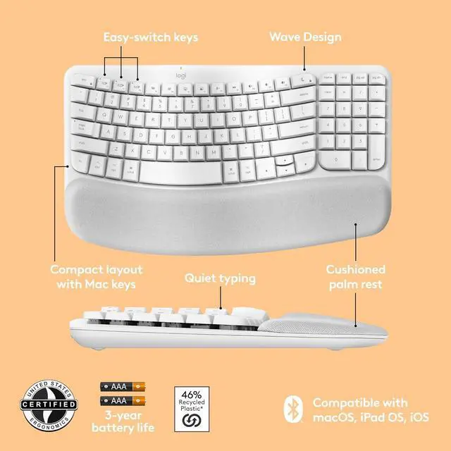 Alt view image 2 of 6 - Logitech Wave Keys for Mac, Wireless Ergonomic Keyboard with Cushioned Palm Rest, Comfortable Natural Typing, Bluetooth Keyboard, Easy-Switch, Optimized for Mac, Apple, iPad - Off White