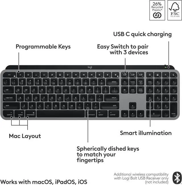 Alt view image 2 of 8 - Logitech MX Keys S for Mac, Wireless Keyboard, Fluid, Precise Laptop-Like Typing, Programmable Keys, Backlit, Bluetooth USB C Rechargeable for MacBook Pro, MacBook Air, iMac, iPad - Space Grey