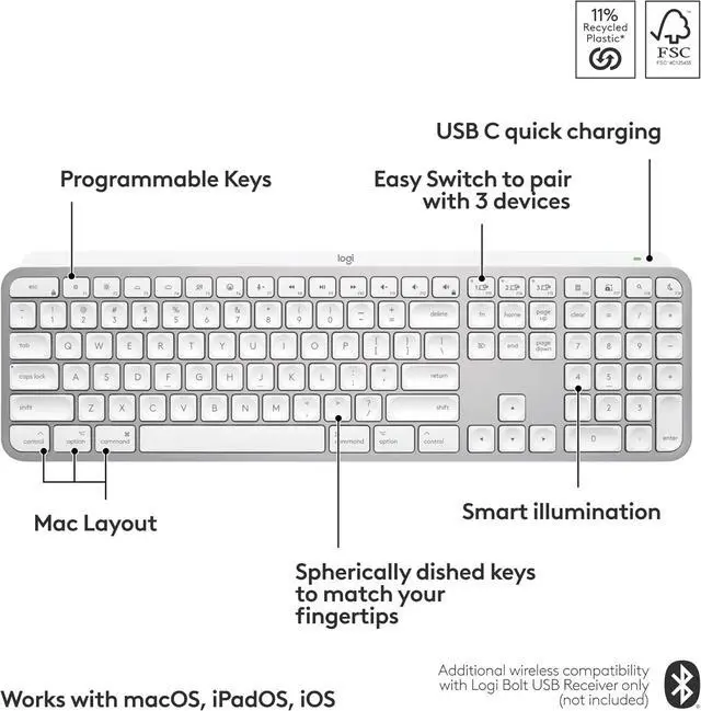 Alt view image 2 of 8 - Logitech MX Keys S for Mac, Wireless Keyboard, Fluid, Precise Laptop-Like Typing, Programmable Keys, Backlit, Bluetooth USB C Rechargeable for MacBook Pro, MacBook Air, iMac, iPad - Pale Grey