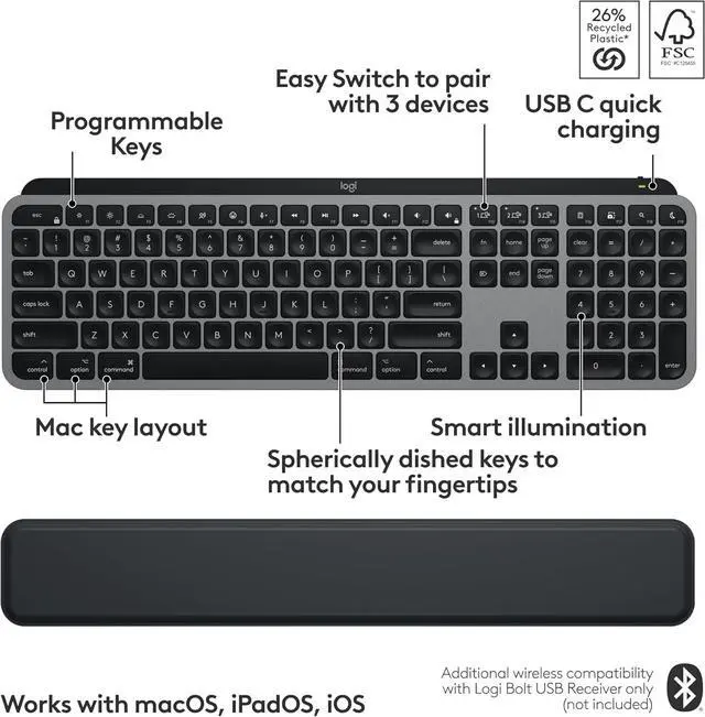 Alt view image 2 of 13 - Logitech MX Keys S Combo for Mac, Wireless Keyboard and Mouse with Palm Rest, Backlit Keyboard, Fast Scroll Wireless Mouse, Bluetooth USB C for MacBook Pro, MacBook Air, iMac, iPad - Space Grey