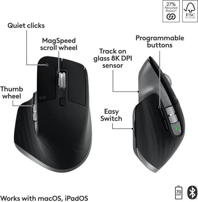 Alt view image 3 of 13 - Logitech MX Keys S Combo for Mac, Wireless Keyboard and Mouse with Palm Rest, Backlit Keyboard, Fast Scroll Wireless Mouse, Bluetooth USB C for MacBook Pro, MacBook Air, iMac, iPad - Space Grey