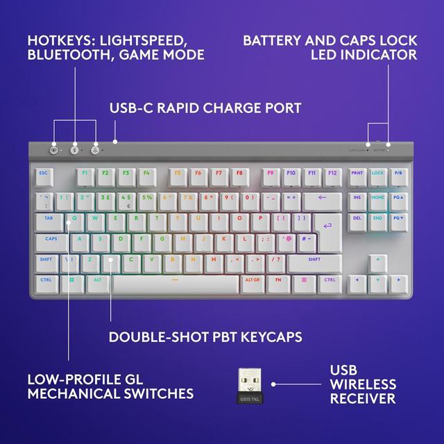 Alt view image 5 of 7 - Logitech G515 LIGHTSPEED TKL Low Profile Wireless Gaming Keyboard - GL Brown Tactile Switches, LIGHTSYNC RGB, Thin Tenkeyless Design, PBT Keycaps - White