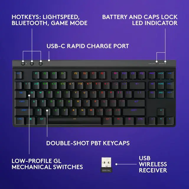 Alt view image 2 of 7 - Logitech G515 LIGHTSPEED TKL Low Profile Wireless Gaming Keyboard - GL Red Linear Switches, LIGHTSYNC RGB, Thin Tenkeyless Design, PBT Keycaps - Black