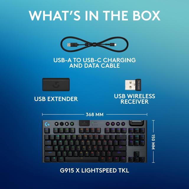 Alt view image 9 of 9 - Logitech G915 X LIGHTSPEED TKL Wireless Mechanical Gaming Keryboard - GL Blue Clicky Switches, RGB Backlighting - Black