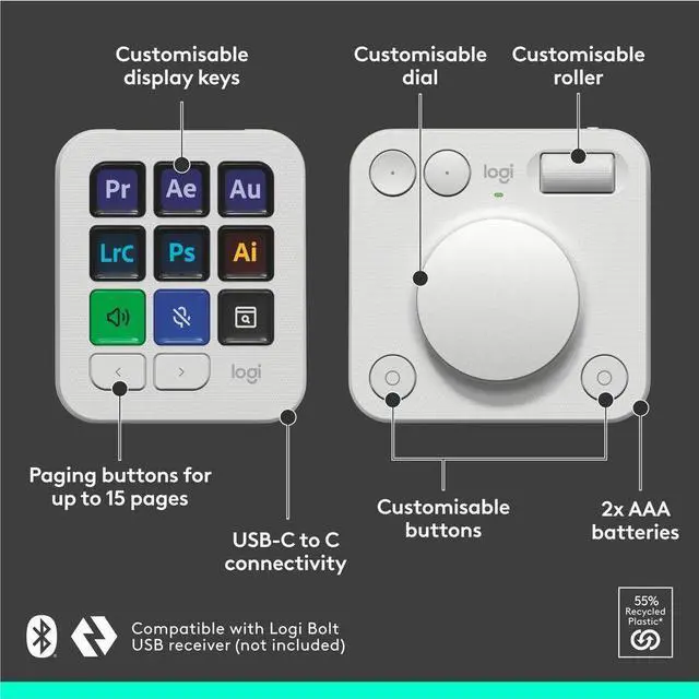 Alt view image 2 of 6 - Logitech MX Creative Console Keypad & Dial Pale Gray Bluetooth Wireless Keyboard 920-012661