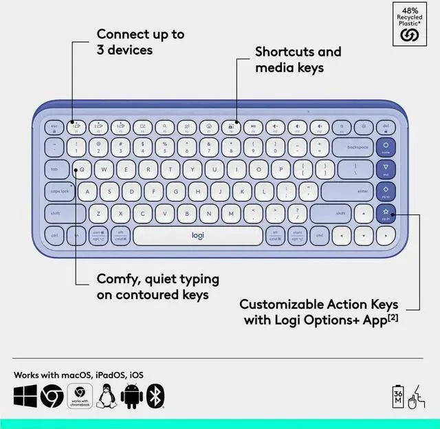 Alt view image 2 of 7 - Logitech POP ICON KEYS Wireless Bluetooth Keyboard, Comfortable Typing, Programmable Keys, Easy-Switch Between up to 3 Devices, for Laptop, Tablet, PC - Lilac-Off-White