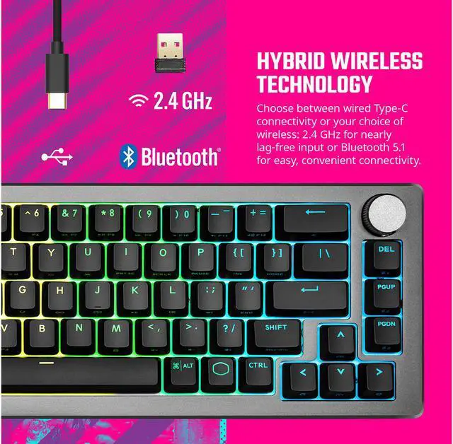 Alt view image 12 of 16 - Cooler Master CK721 Space Gray Hybrid Wireless Mechanical Brown Switch Keyboard with 65% Format, USB-C Connectivity, and 3-way Dial