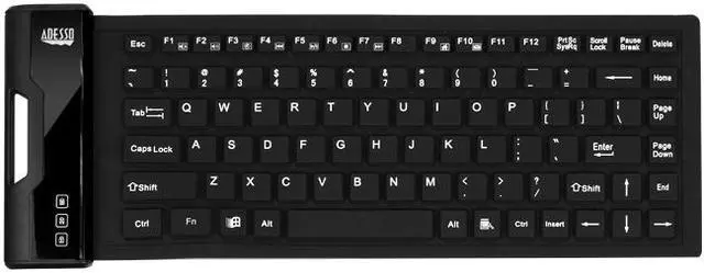 Main image of Adesso AKB-212UB USB Antimicrobial Foldable water proof 87-key Mini size keyboard, 0.43" x 12.50" x 4.82" (Black)