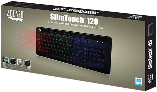 Alt view image 7 of 7 - Adesso AKB-120EB SlimTouch 3 RGB colors illuminated compact size USB keyboard with multimedia hot keys, 2X large print keycap