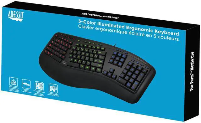 Alt view image 3 of 5 - Adesso AKB-150EB-FR Black USB Wired Ergonomic Keyboard