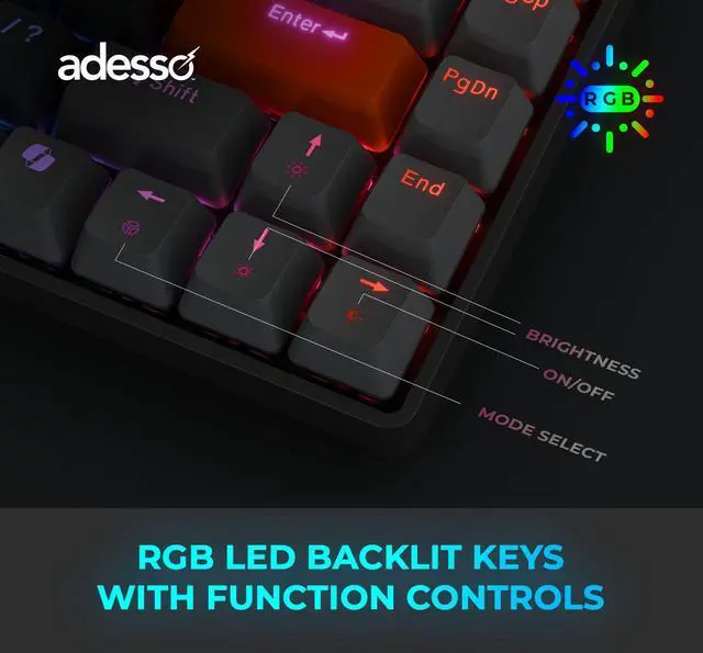 Alt view image 10 of 13 - Adesso EasyTouch 1000 Keyboard - Wired/Wireless Connectivity - Bluetooth/RF - 2.40 GHz - USB Interface - RGB LED - 84 Key(s) - CoPilot, Windows Key Hot Key(s)