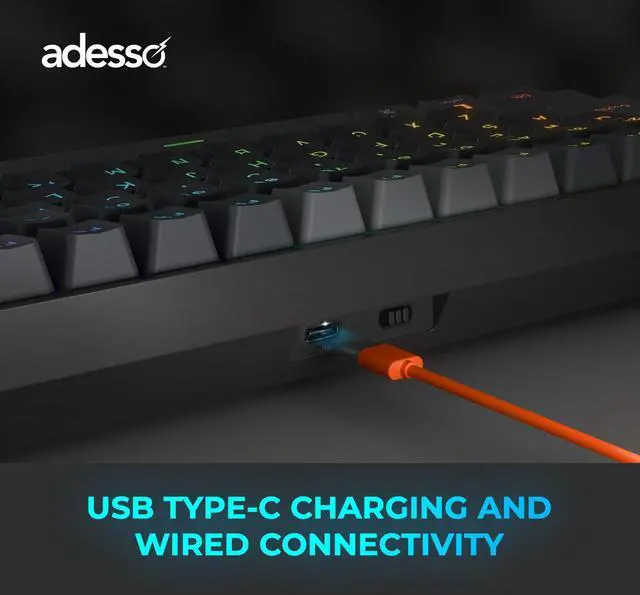 Alt view image 12 of 13 - Adesso EasyTouch 1000 Keyboard - Wired/Wireless Connectivity - Bluetooth/RF - 2.40 GHz - USB Interface - RGB LED - 84 Key(s) - CoPilot, Windows Key Hot Key(s)