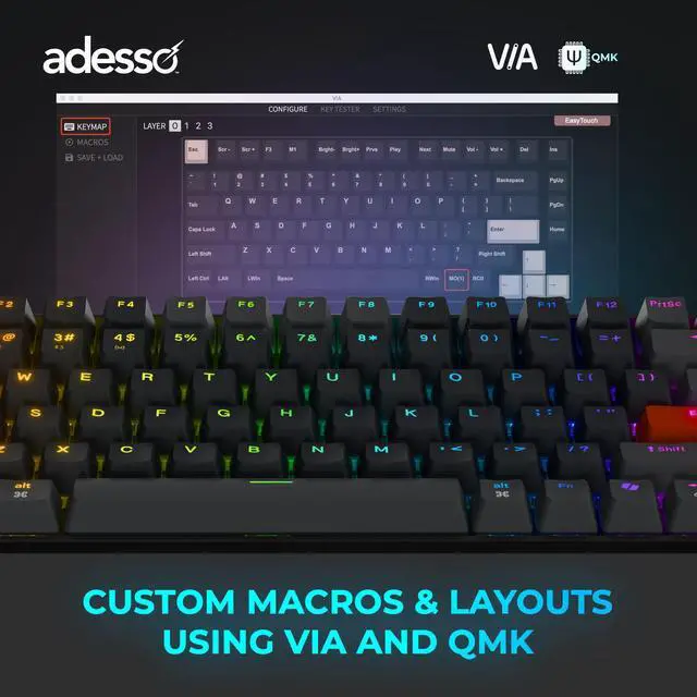Alt view image 13 of 13 - Adesso EasyTouch 1000 Keyboard - Wired/Wireless Connectivity - Bluetooth/RF - 2.40 GHz - USB Interface - RGB LED - 84 Key(s) - CoPilot, Windows Key Hot Key(s)