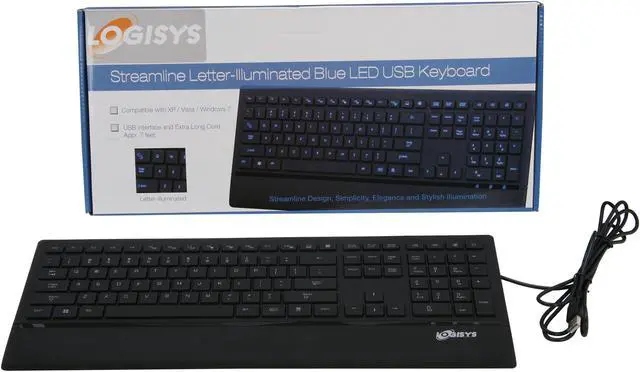 Alt view image 4 of 4 - LOGISYS Computer Streamline Character-illuminated Blue LED Keyboard KB209BK Black USB Wired Standard Keyboard