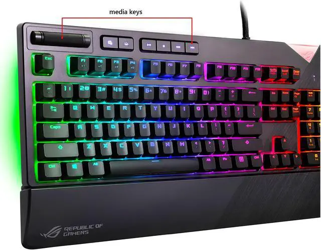 Alt view image 2 of 10 - ASUS ROG Strix Flare RGB Mechanical Gaming Keyboard with Cherry MX Silent Red Switches, Aura Sync RGB Lighting, Customizable Badge, USB Pass-Through and Media Controls