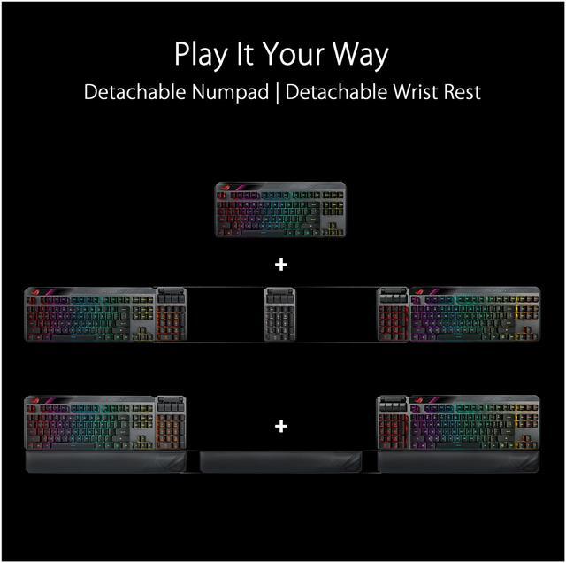 Alt view image 4 of 8 - ASUS ROG Claymore II 100% / 80% TKL Wireless RGB Modular Gaming Keyboard, ROG RX Red Switches, PBT Doubleshot Keycaps, Detachable Numpad, Wrist Rest, Media Controls, USB Passthrough - Black PBT