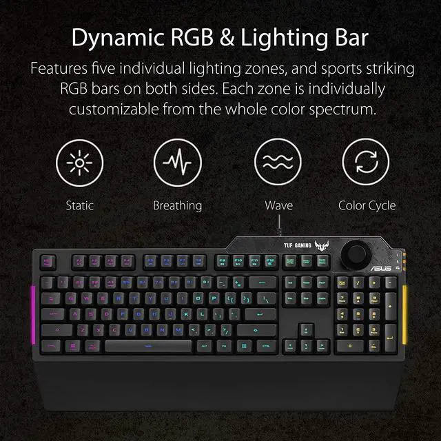 Alt view image 4 of 7 - ASUS Membrane Gaming Keyboard for PC - TUF K1 | Programmable, Onboard Memory | Dedicated Volume Knob, Aura Sync RGB & Side Lighting | Detachable Wrist Rest | Spill-Resistant | Highly Durable | Black