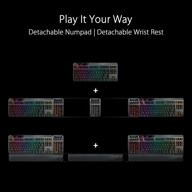 Alt view image 3 of 7 - ASUS ROG Claymore II Wireless Modular Gaming Mechanical Keyboard (ROG RX Blue Switches, detachable numpad & wrist rest for TKL 80%/100%, Aura Sync, media controls, fast charge, USB 2.0 Passthrough)