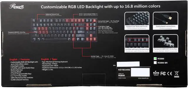 Alt view image 11 of 17 - Rosewill RGB80 - 16.8 Million Color Illuminated Mechanical Gaming Keyboard