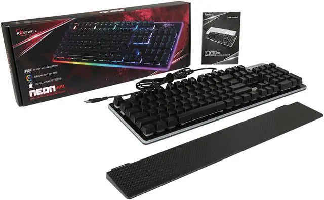 Alt view image 7 of 7 - Rosewill NEON K51B Wired Mechanical Gaming Keyboard, Hybrid Membrane Mechanical Switches, 8 RGB LED Backlight Effects, 19-Key Anti-Ghosting, Ergonomic, Black