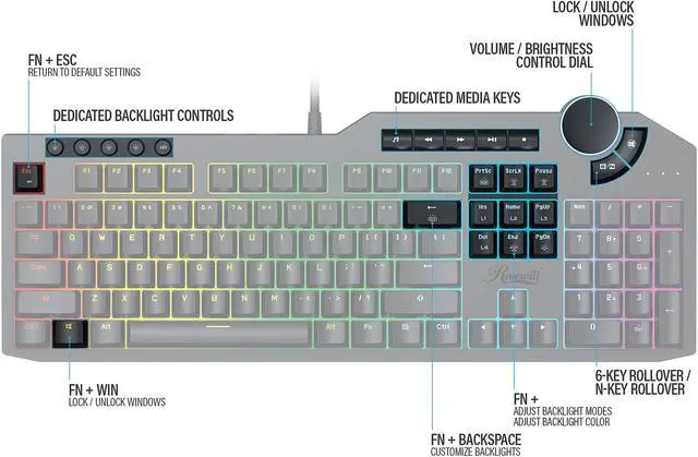 Alt view image 8 of 10 - Rosewill NEON K90 RGB BR Mechanical Gaming Keyboard with Kailh Brown Switches, 15 RGB LED Backlight Effects, NKRO, Anti-Ghosting, Multimedia Control Keys, Macro Hotkeys, USB Passthrough