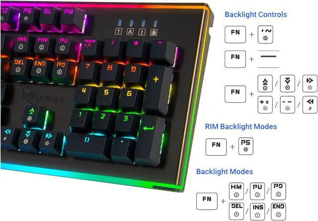 Alt view image 7 of 8 - Rosewill NEON K75 V2 Wired Mechanical Gaming Keyboard with Kailh Blue Switches, 19 RGB LED Backlight Effects, NKRO, Anti-Ghosting, Vivid Customizable Rim Backlights, 3-Way Cable Slot