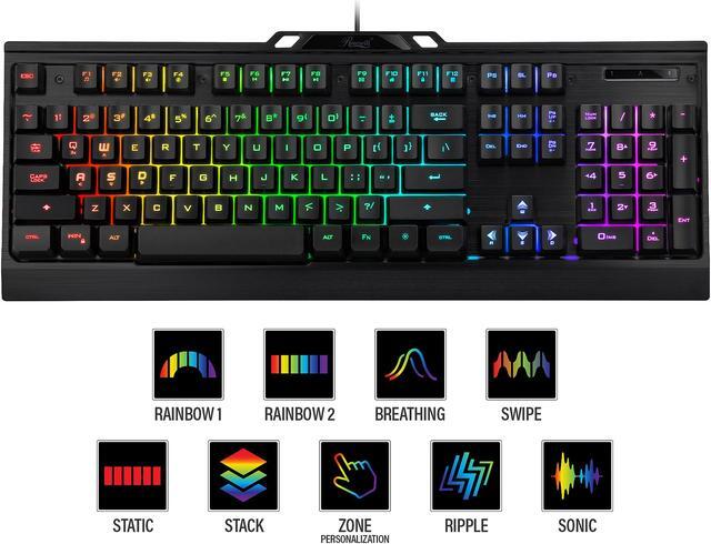 Alt view image 4 of 8 - Rosewill NEON K54 Wired Membrane Gaming Keyboard, 9 RGB LED Backlight Effects, 104 Keys, 19-Key Anti-Ghosting, WASD and Arrow Keys Exchange, 8 Multimedia Hotkeys, Slim Profile Floating Keycaps