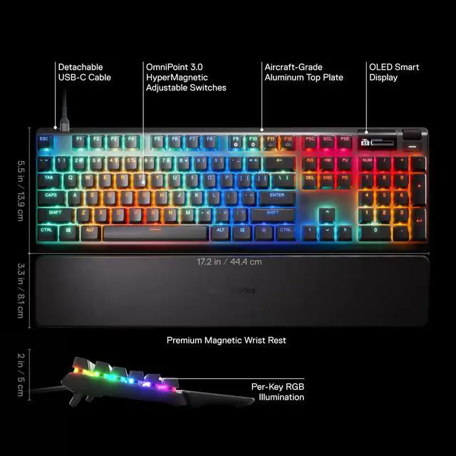 Alt view image 9 of 11 - SteelSeries Apex Pro Gen 3 OmniPoint 3.0 HyperMagnetic Switches, Adjustable Actuation, Rapid Trigger, Game-Ready Presets, Protection Mode, Rapid Tap/SOCD, OLED, RGB, PBT Keycaps, USB-C