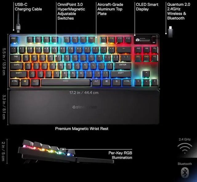 Alt view image 2 of 6 - SteelSeries Apex Pro TKL Wireless Gen 3 Gaming Keyboard - OmniPoint 3.0 HyperMagnetic Switches, Adjustable Actuation, Rapid Trigger, Game-Ready Presets, Rapid Tap/SOCD, Dual Wireless, OLED RGB