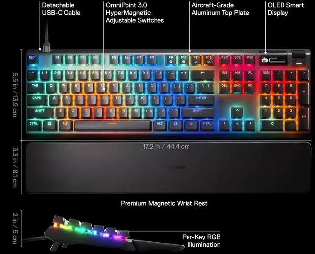 Alt view image 2 of 6 - SteelSeries Apex Pro Gen 3 Wired Gaming Keyboard - OmniPoint 3.0 HyperMagnetic Switches, Adjustable Actuation, Rapid Trigger, Game-Ready Presets, Rapid Tap/SOCD, OLED RGB, PBT Keycaps, USB-C