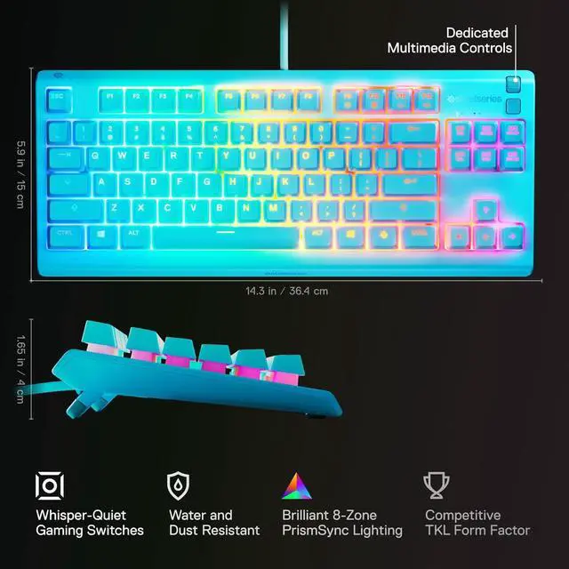 Alt view image 5 of 6 - SteelSeries Apex 3 TKL Aqua RGB Gaming Keyboard - Tenkeyless Compact Form Factor, 8-Zone RGB Illumination, Water and Dust Resistant, Whisper-Quiet Gaming Switch - Aqua