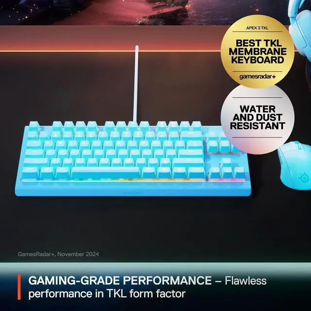 Alt view image 6 of 6 - SteelSeries Apex 3 TKL Aqua RGB Gaming Keyboard - Tenkeyless Compact Form Factor, 8-Zone RGB Illumination, Water and Dust Resistant, Whisper-Quiet Gaming Switch - Aqua