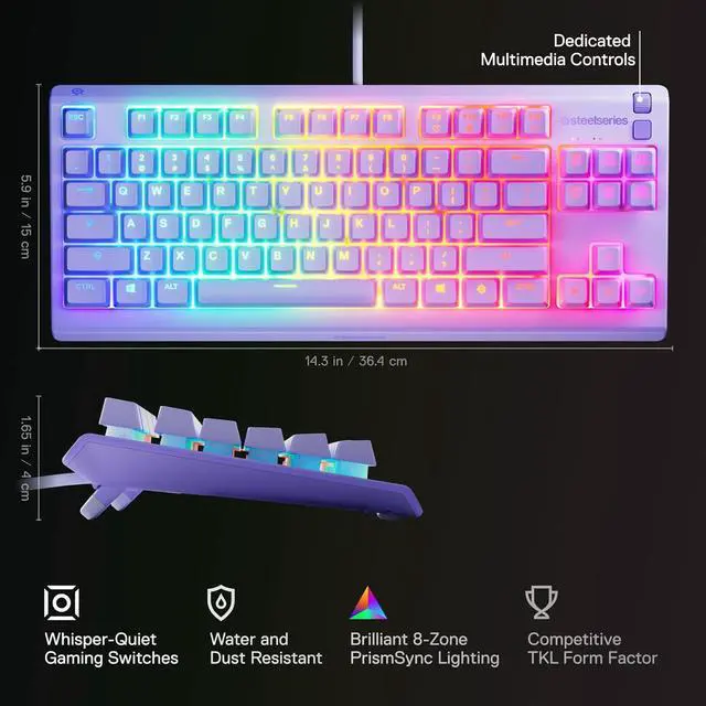 Alt view image 5 of 6 - SteelSeries Apex 3 TKL Aqua RGB Gaming Keyboard - Tenkeyless Compact Form Factor, 8-Zone RGB Illumination, Water and Dust Resistant, Whisper-Quiet Gaming Switch - Lavender
