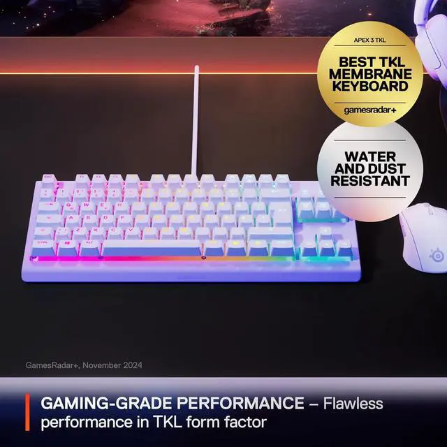 Alt view image 6 of 6 - SteelSeries Apex 3 TKL Aqua RGB Gaming Keyboard - Tenkeyless Compact Form Factor, 8-Zone RGB Illumination, Water and Dust Resistant, Whisper-Quiet Gaming Switch - Lavender