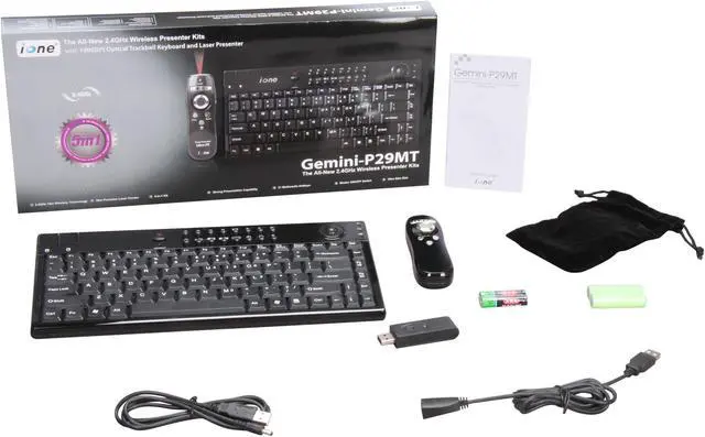 Alt view image 7 of 7 - QUMAX Gemini-P29MT Black USB RF Wireless Mini MCE Keyboard with Trackball & Laser Presenter Combo