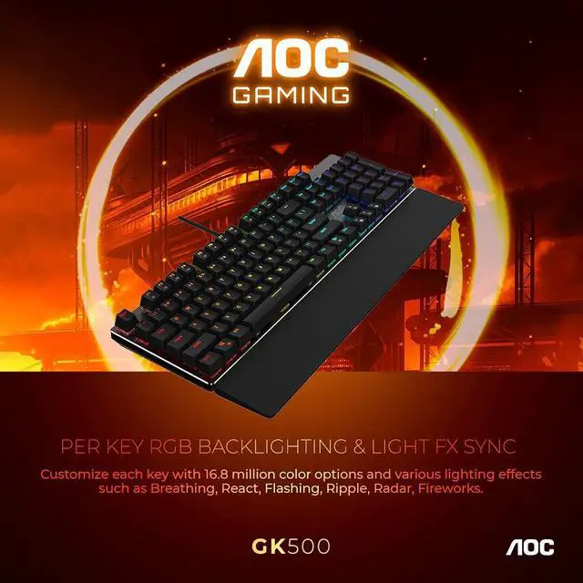 Alt view image 4 of 10 - AOC Gaming Full RGB Mechanical Keyboard, 104-Key Outemu Blue Switches, Full NKRO, Detachable Wrist Rest, Light FX RGB, G-Menu Software (GK500)