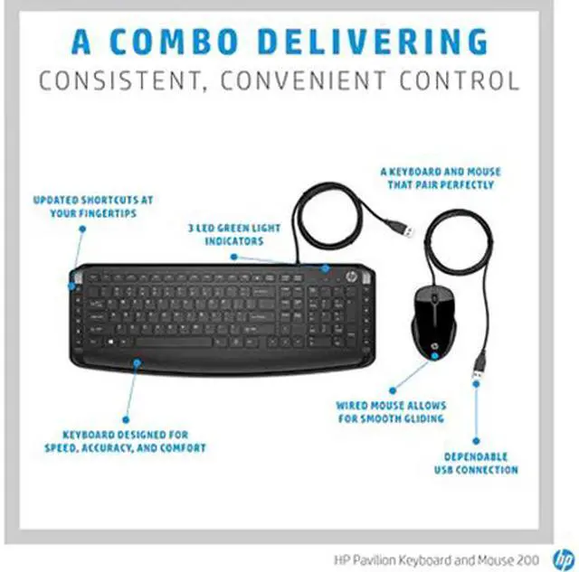 Alt view image 4 of 6 - HP 9DF28AA#ABL Black USB 2.0 Wired Ergonomic Pavilion Keyboard and Mouse 200