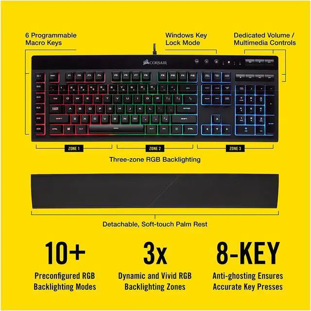 Alt view image 5 of 12 - Corsair Gaming K55 RGB Keyboard, Backlit RGB LED