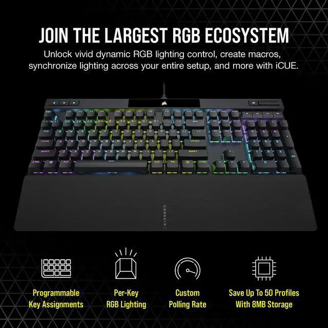 Alt view image 12 of 13 - Corsair K70 RGB PRO Wired Mechanical Gaming Keyboard (CHERRY MX RGB Speed Switches: Linear and Rapid, 8,000Hz Hyper-Polling, PBT DOUBLE-SHOT PRO Keycaps, Soft-Touch Palm Rest) QWERTY, NA - Black