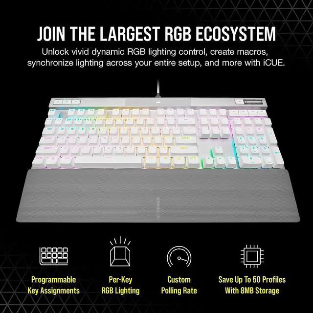 Alt view image 6 of 8 - CORSAIR K70 PRO RGB Optical-Mechanical Gaming Keyboard, Backlit RGB LED, CORSAIR OPX, PBT Keycaps (CH-910951A-NA), White