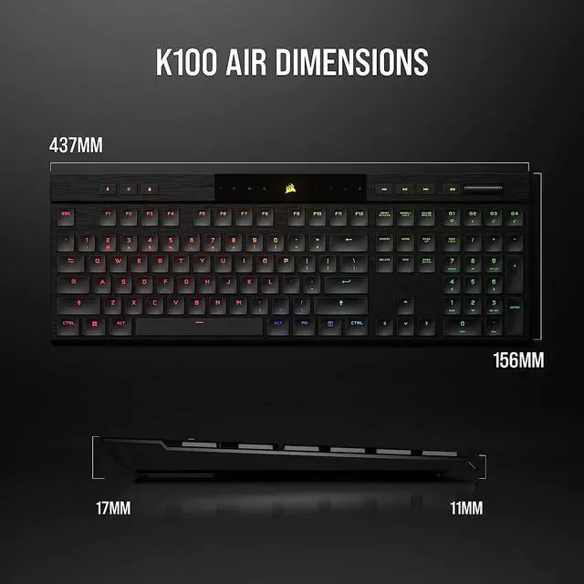 Alt view image 10 of 11 - Corsair K100 AIR Wireless RGB Mechanical Gaming Keyboard - Ultra-Thin, Sub-1ms Slipstream , Low-Latency Bluetooth, Cherry MX Ultra Low Profile Keyswitches - NA Layout, QWERTY - Black