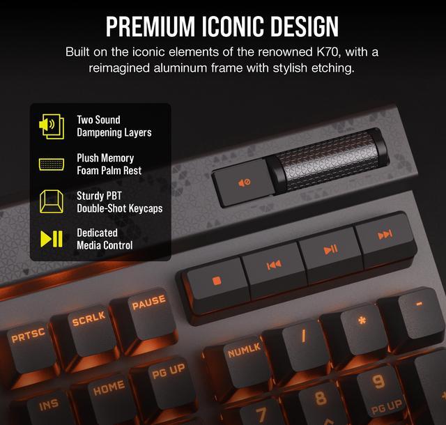 Alt view image 9 of 20 - CORSAIR K70 MAX RGB Magnetic-Mechanical Gaming Keyboard - Adjustable CORSAIR MGX Switches, Dedicated Media Controls, CORSAIR AXON, Aluminum Frame - Steel Gray