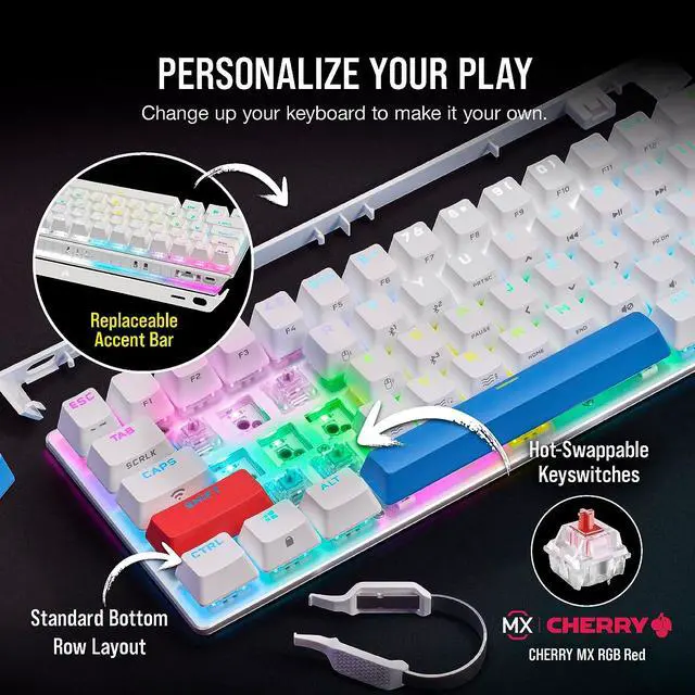 Alt view image 7 of 14 - Corsair K70 PRO MINI WIRELESS RGB 60% Mechanical Gaming Keyboard - Fastest Sub-1ms Wireless, Swappable CHERRY MX Red Keyswitches, Aluminum Frame, PBT Double-Shot Keycaps - NA Layout, QWERTY - White