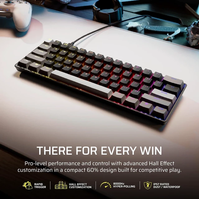 Alt view image 2 of 11 - Corsair Clipper PRO MINI 60 Hall Effect Gaming Keyboard – US QWERTY – SOCD, Rapid Trigger, 8000Hz, Adjustable Actuation, IP57 Water & Dust, PBT Double Shot, Wired, RGB, FPS, for Windows PC & Mac,Black