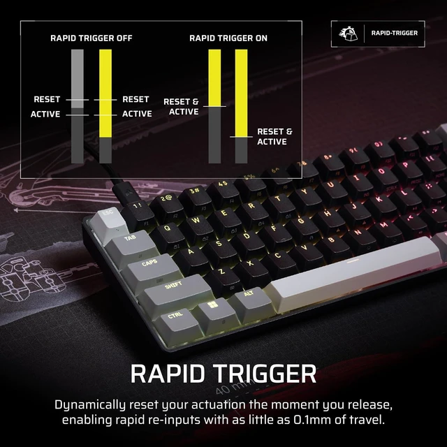 Alt view image 4 of 11 - Corsair Clipper PRO MINI 60 Hall Effect Gaming Keyboard – US QWERTY – SOCD, Rapid Trigger, 8000Hz, Adjustable Actuation, IP57 Water & Dust, PBT Double Shot, Wired, RGB, FPS, for Windows PC & Mac,Black