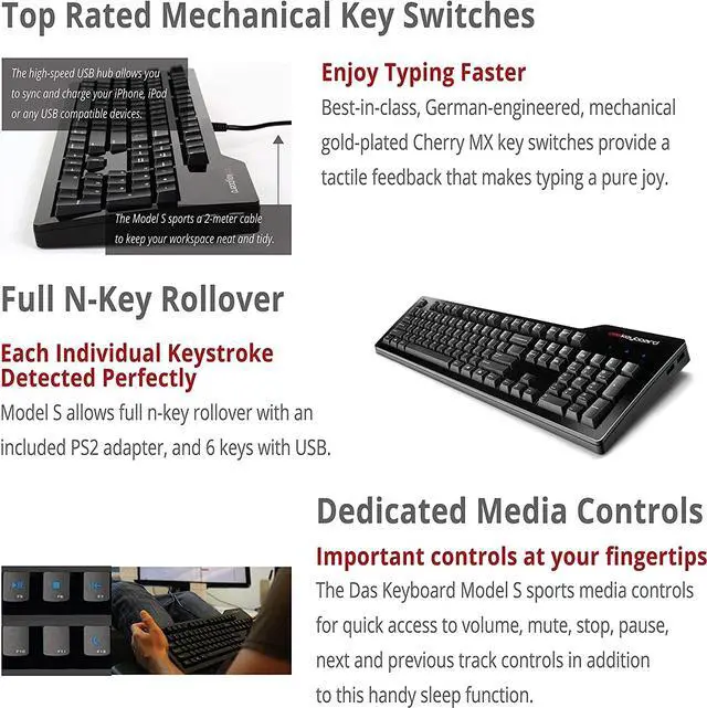 Alt view image 4 of 7 - Das Keyboard Model S Wired Mechanical Keyboard, Cherry MX Blue Mechanical Switches, 2-Port USB Hub, Laser Etched Keycaps (104 Keys, Black)